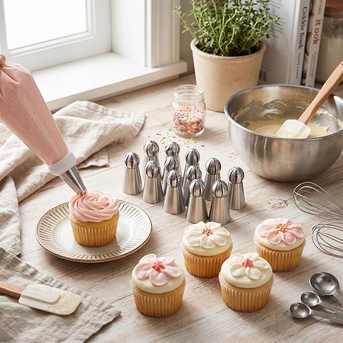 Russian Piping Tips Cake Decorating Kit, 13PCS Flower Shaped Frosting Nozzles Set for Cupcake Icing, Pastry Cake Butter Cream DIY Decor Baking