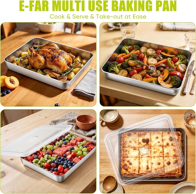 E-far Lasagna Pan with Lid, Stainless Steel Rectangular Cake Baking Pan with Cover, 12⅓x9¾x2 Inch Metal Bakeware Brownie Casserole Oven Tray Sheet, Deep Side & Heavy Duty, Anti-Rust & Dishwasher Safe