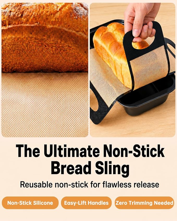 9x5 Loaf Pans for Baking Bread, 2-Pack Bread Loaf Pan Set with Silicone Bread Sling Liners, Nonstick Loaf Liners for Sourdough, Banana Bread, Homemade Bread