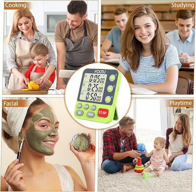 Digital Dual Triple Kitchen Timer, 3-Channel Magnetic Countdown Timer for Cooking, Large Display Stopwatch Multi Food Classroom Timer Loud Alarm for Seniors Teachers Battery Included (Green)