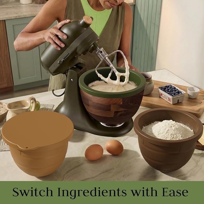 Silicone Bowl Liner Compatible with Kitchenaid Walnut Wood Mixing Bowl 5 Qt, Fits 2024 Evergreen & 2025 Tilt-Head Stand Mixer Accessories, 3 Food-Grade Liners with Lids, Dishwasher Safe