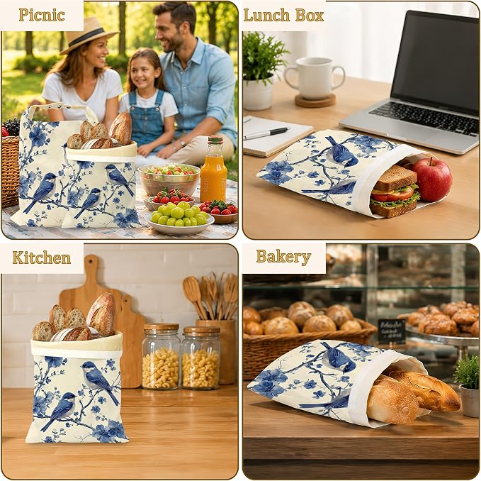 2 Pack Reusable Beeswax Blue Birds Bread Bags, Sourdough Bread Floral Branches Storage for Homemade, Freezer Storage Bag to Keep Fresh, Baguette Bag with Beeswax Liner Kitchen Baking