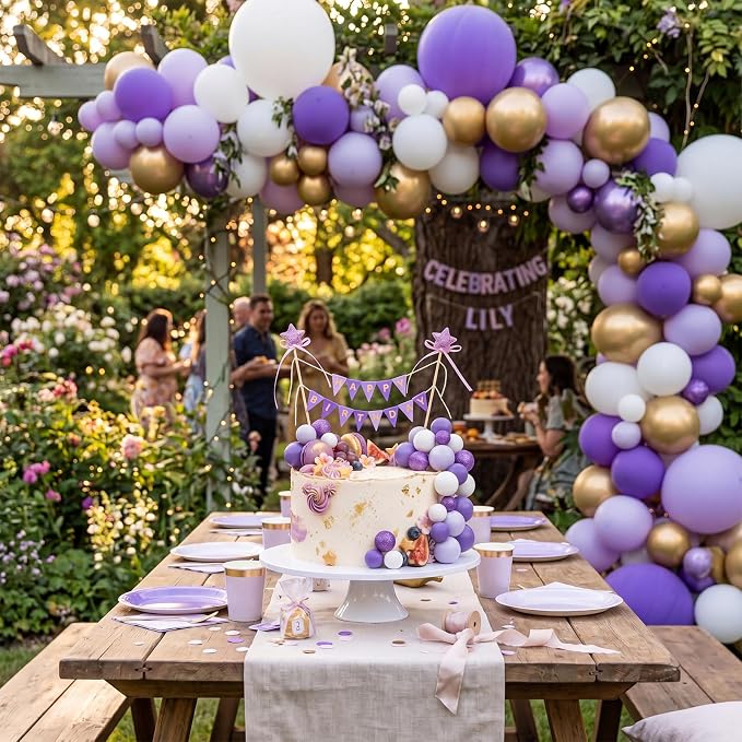 21 Pcs Happy Birthday Cake Topper Cake Bunting Topper Banner with Wood Pole Rainbow Garland with Bow Ribbon Balloon, Mini Cupcake Decor for Birthday Baby Shower (Purple,White)