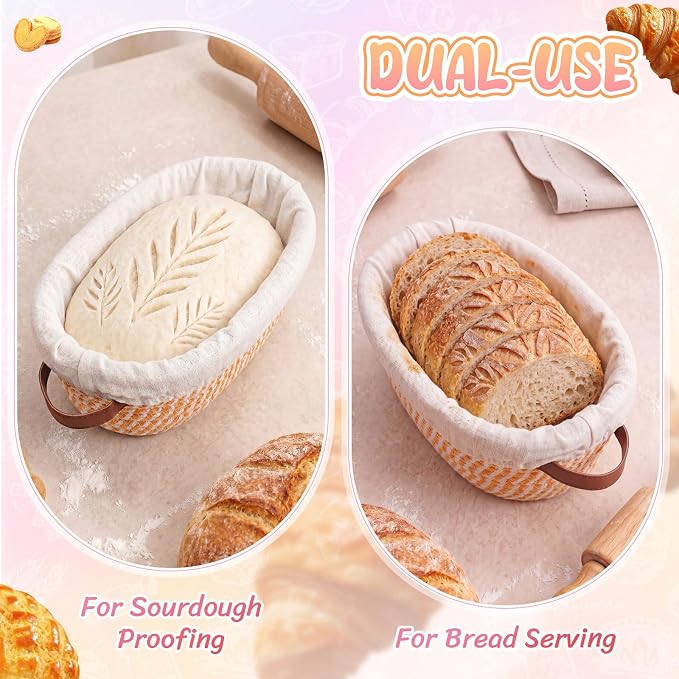 4 Pack Oval Banneton Bread Proofing Basket Set, 10'' Natural Cotton Rope Sourdough Proofing Basket with Liners & Handle Artisan Sourdough Bread Baking Supplies for Home Bakers(Pastel)