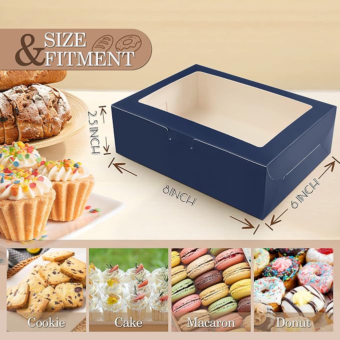 KPOSIYA 65 PCS 8x6x2.5 Inch Cookie Boxes with Window Blue Bakery Boxes Pastry Boxes for Gift Giving, Treat, Dessert, Cupcakes, Chocolate, Strawberries, Donuts, Muffins (5 Style Windows)