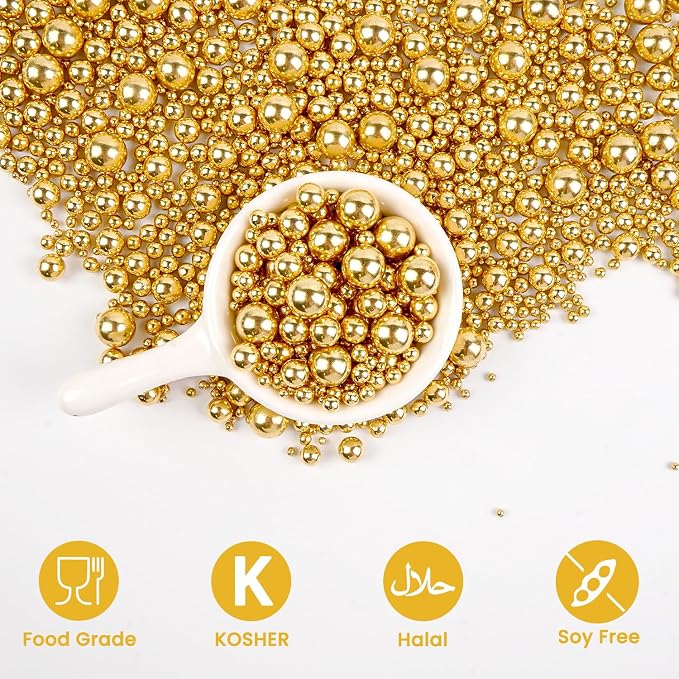 Gold Pearl Sprinkles for Cake Decorating, Edible Sugar Pearl, 180g/6.35oz Mix Size, Edible Candy Pearl Cake Decorations, Cupake Toppers, Cookies, Easter Wedding Party Birthday Supplies