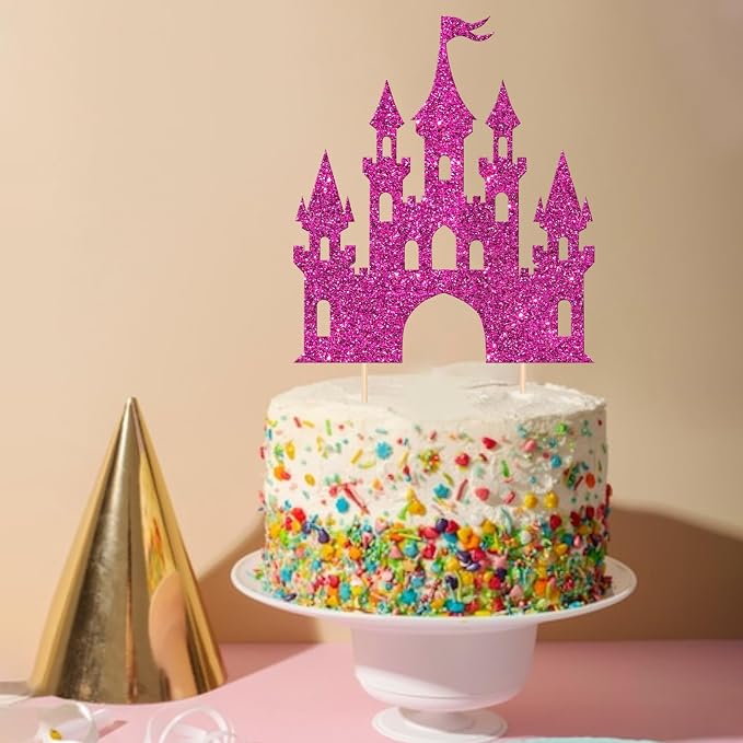 1 PCS Castle Cake Topper Glitter Princess Cake Topper Castle Theme Birthday Party Decoration Princess Happy Birthday Cake Decoration for Baby Shower Girls Princess Birthday Party Supplies Rose Red