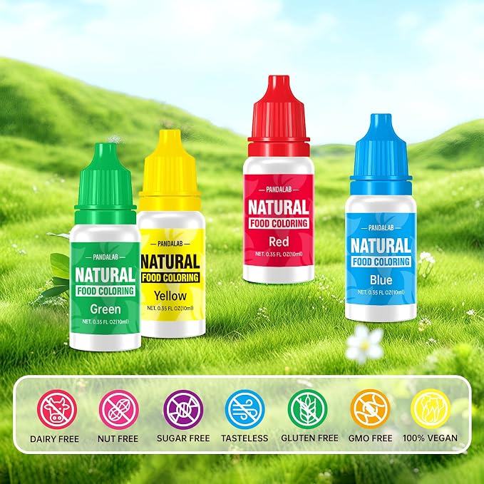 Natural Food Coloring - Pandalab 4 Colors x 10 ml Plant-Based Concentrated Food Dye, No Artificial Dye, Vegan Edible Color for Baking, Cake Decorating, Icing, Frosting, Cookies, Candy
