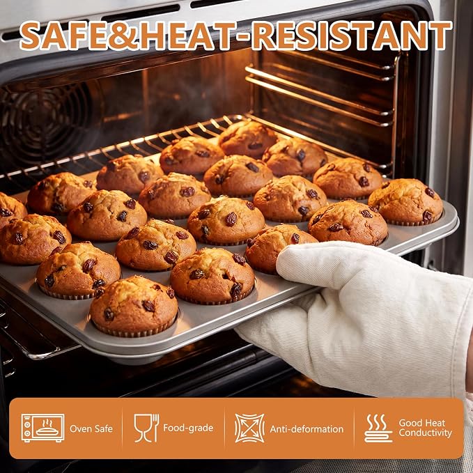 Domensi 4 Pcs Mini Muffin Pan 24 Cup Carbon Steel Cupcake Baking Pan Nonstick Tin Tray for Standard Muffins, Brownie, Tart, Quiche, Heavy Duty Bakeware Set, Oven & Dishwasher Safe