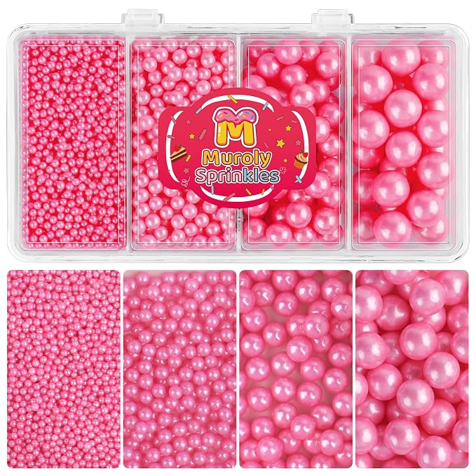 Pink Sprinkles Edible Pearls for Cake Decorating, 4 Sizes Pink Pearl Sprinkles for Cupcakes Ice Cream Dessert 4.6oz