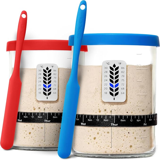 Premium Sourdough Starter Jar - 40oz Large Sourdough Jar with Marked Feeding Band, Scraper, Cloth Cover and Silicone Lid/Base, Wide Mouth Starter Kit - Blue/Red