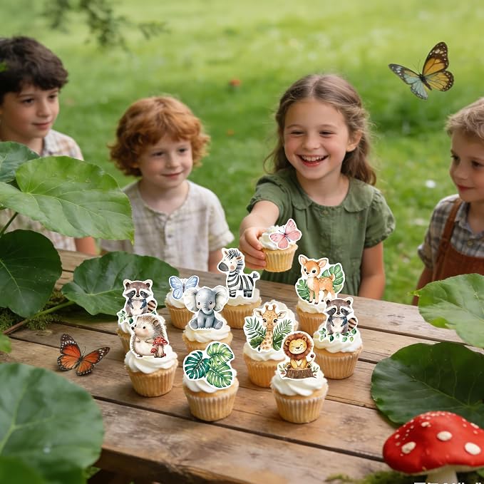 60Pcs Edible Jungle Safari Animal Cupcake Toppers Wafer Paper Green Leaf Woodland Animal Cupcake Kids Baby Shower Birthday Party Decoration Supplies