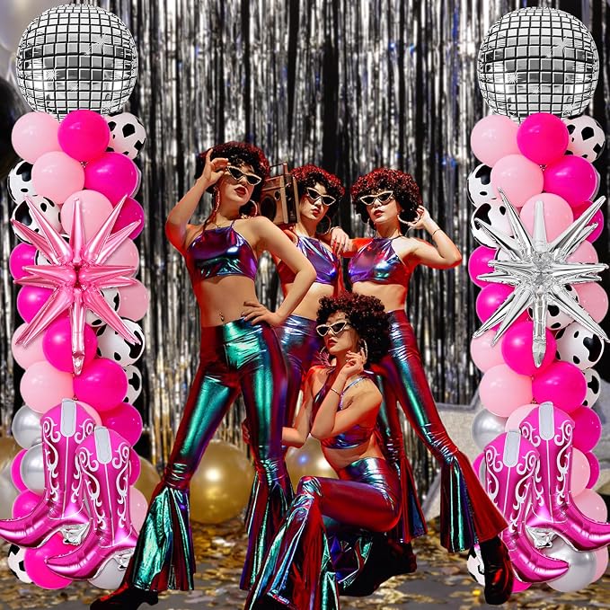 2 Sets Disco Cowgirl Balloon Column Stand Kits Adjustable Pink Balloons with Disco Ball Explosion Star Cowgirl Boot Themed Tower Stand Kit for Western Party My First Rodeo Baby Shower Decorations