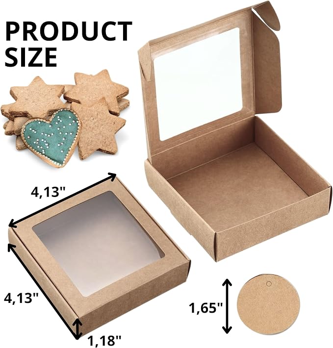 30PCS Cookie Boxes Brown with Window - 4 x 4 x 1.2 Inch Sturdy Packaging for Baked Goods Small Bakery Containers for Pastries Gift Giving Bulk Food Storage Rustic Display for Treats and Desserts