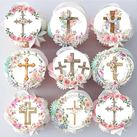 64 PCS Edible Floral Cross Cupcake Toppers Greenery Chapel of the Holy Cross Cupcake Picks Edible God Bless Christian Baptism Cake Decorations for First Communion Baby Shower Birthday Party Supplies