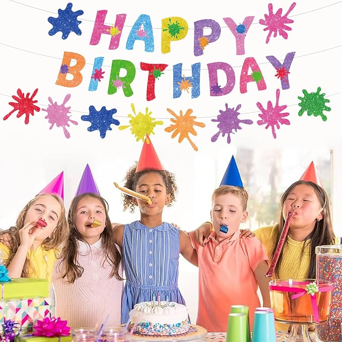 Zwiebeco Colorful Graffiti Paint Art Happy Birthday Banner Hanging Paper Sign for Girls Boys Kids Adults Party Decoration Supplies
