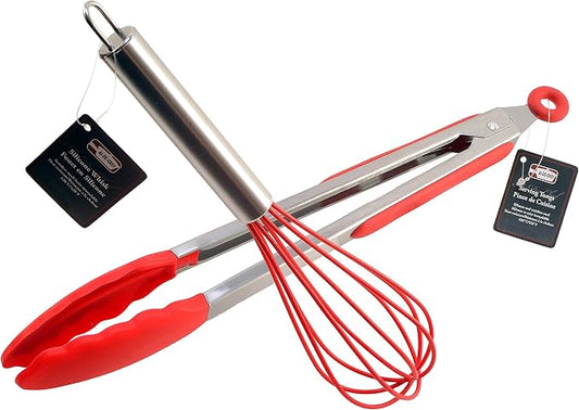 Silicone Whisk and 12" Tongs - Stainless Steel & Silicone Whisk for Blending, Beating & Stirring - Non-Slip Silicone Tongs, Locking Head - Heat Resistant up to 428ºF. By Ai-De-Chef (2-Pack, Red)