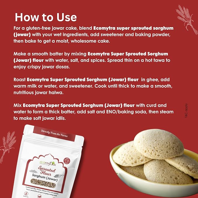 Ecomytra Sprouted Sorghum Flour - Jowar, Gluten Free Ancient Grain 1lb | 100% sprouted jowar (great millet), gluten free ancient grain. High fiber, non-GMO. For roti, baking & porridge
