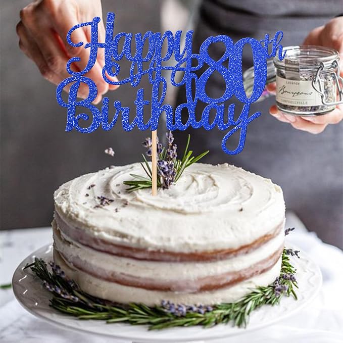 1 PCS Happy 80th Birthday Cake Topper Glitter Cheers to 80 Years Birthday Cake Pick Eighty 80 Fabulous Cake Decoration for Happy 80th Birthday Theme Party Decorations Supplies Blue