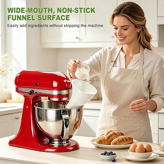 Flour Funnel for KitchenAid Mixer, Anti-Splash Pouring Chute for 4.5-5 Qt Tilt-Head Stand Mixer (KSM150), Mess-Free Baking Tool, BPA-Free Dishwasher Safe KitchenAid Accessories (White)