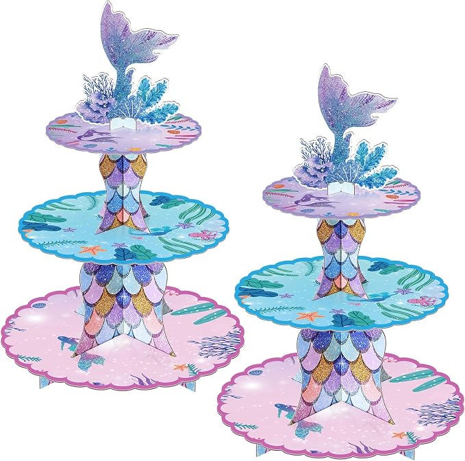 BACUTHY 2 Pack Mermaid Cupcake Stand Birthday Party Decorations, Under The Sea Supplies Favors with Mermaid Tail Toppers for Little Girl, Baby Shower