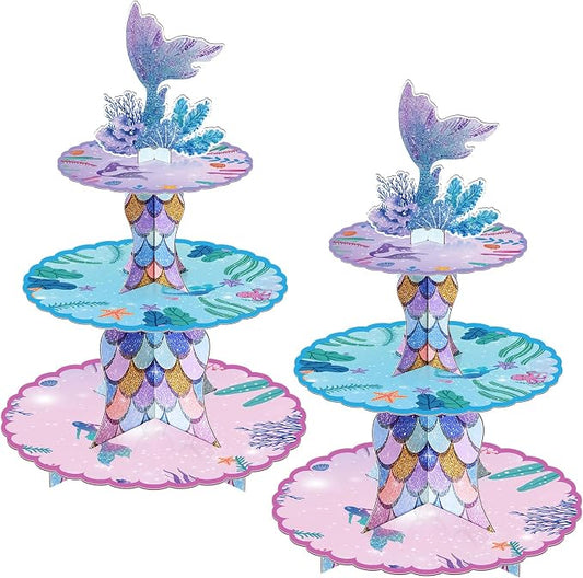 BACUTHY 2 Pack Mermaid Cupcake Stand Birthday Party Decorations, Under The Sea Supplies Favors with Mermaid Tail Toppers for Little Girl, Baby Shower