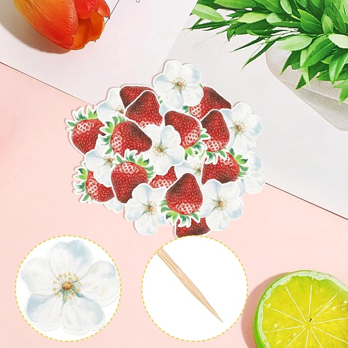 60 PCS Edible Strawberry Cupcake Toppers Strawberry Flower Birthday Cake Decorations Edible Berry Strawberry Bridal Engagement Cupcake Picks for Baby Shower Wedding Anniversary Party Supplies