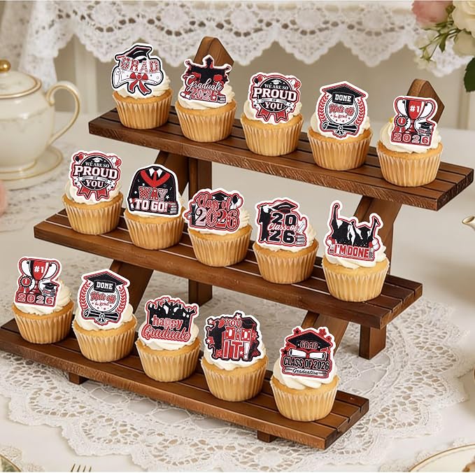 60 PCS Edible 2026 Graduation Cupcake Toppers Diploma Congrats Grad Cap Class of 2026 Cake Decorations Edible 2026 Graduation Decorations for 2026 Graduate Party Cake Decorations Supplies Black Red