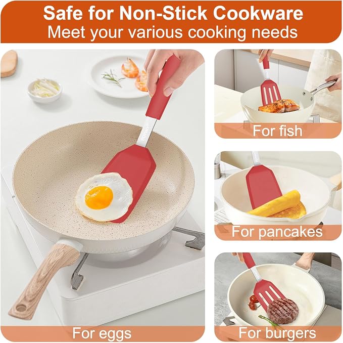 2 Pack Silicone Kitchen Spatula Set, 600°F Heat Resistant (Red) | BPA Free, Solid & Slotted Turner, Non-Toxic Cooking Utensils, Safe for Non Stick Frying Pan, Dishwasher Safe