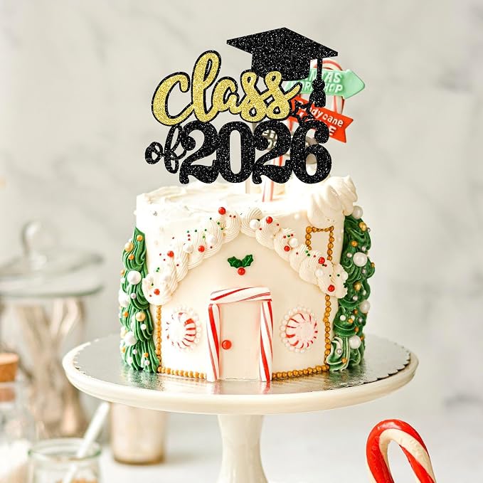 1 Pack 2026 Graduation Cake Topper Glitter Grad Cap Diploma 2026 Senior Graduation Cake Pick for 2026 School Theme Party Cupcake Decoration Supplies Green Black