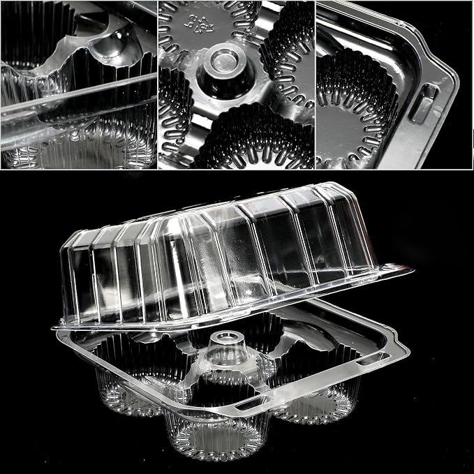 JarThenaAMCS 80 Pack Plastic Cupcake Containers 4-Compartment Clear Boxes Disposable Cupcake Tray Holders 4 Cavity Cupcakes Carriers with Deep Dome for Muffin Packaging