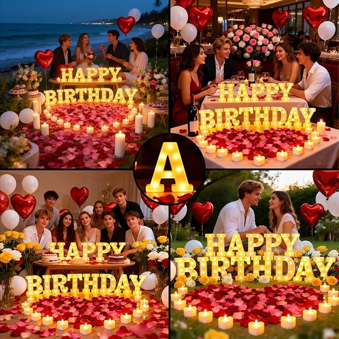 Happy Birthday Light up Letters, Include Tea Lights Candles, Latex Balloons, Aluminum Balloons and Rose Petals, Special Festival, Surprise Gifts for Women and Men