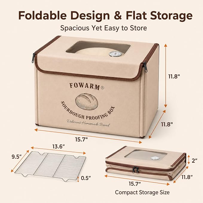 Folding Bread Proofing Box Dough Proofer Sourdough Starter Warmer with 32–108℉ Precision Temperature Control 24H Timer 3-Sided Heating Humidity Monitor 15.7×11.8×11.8in 65W