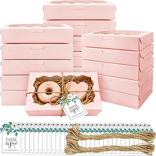 40 Pack Cookie Boxes with Clear Window, 7 x 4 3/8 x 1½ Inch Small Pink Kraft Candy Boxes Premium Pastry Boxes with Tags Ropes for Cookie Packaging, Dessert, Donuts, Pie, Cupcakes, Parties