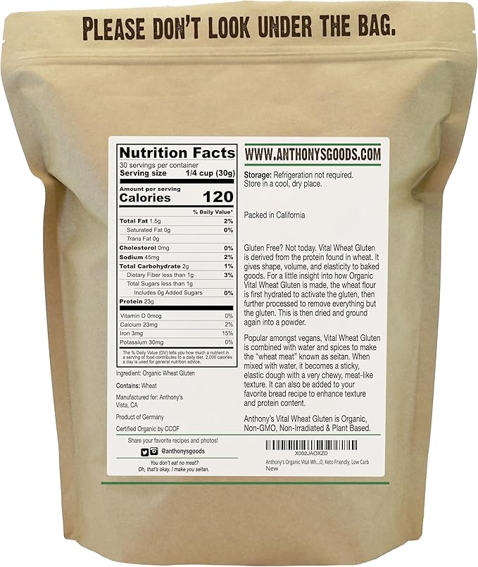 Anthony's Organic Vital Wheat Gluten, 2 lb, High in Protein, Vegan, Non GMO, Keto Friendly, Low Carb
