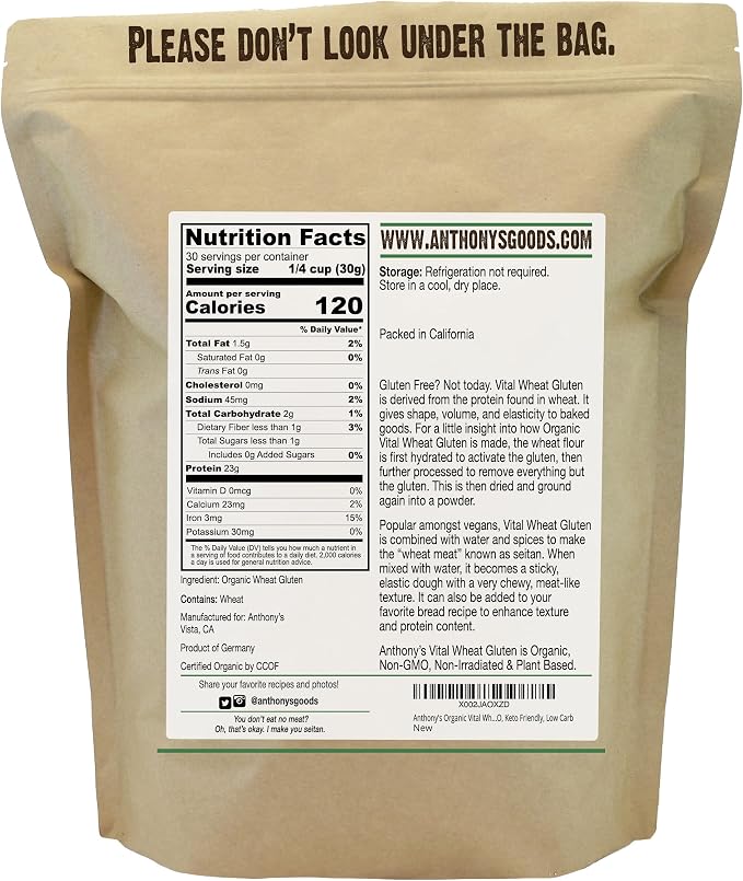 Anthony's Organic Vital Wheat Gluten, 2 lb, High in Protein, Vegan, Non GMO, Keto Friendly, Low Carb (Pack of 2)