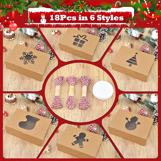 COTOPHER 18Pcs Christmas Cookie Boxes with Window, 9x6x3 inch Brown Bakery Boxes for Gift Giving, XMAS Treat Boxes Holiday Pastries Boxes for Cakes Muffins Donuts Chocolate Strawberries