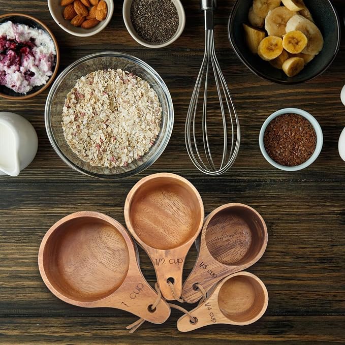 4PCS/Set Wooden Measuring Cup and Measuring Spoon Kit for Baking Cooking Spice Coffee Tea Milk Powder