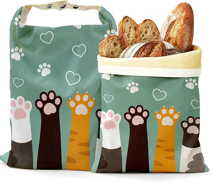 2 Pack Reusable Beeswax Funny Cat Feet Bread Bags, Sourdough Bread Heart Paws Storage for Homemade, Freezer Storage Bag to Keep Fresh, Baguette Bag with Beeswax Liner Kitchen Baking