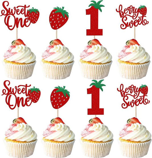24 Pack Sweet One Cupcake Toppers Glitter First Birthday Strawberry Cupcake Picks for Fruit Baby Shower 1st Birthday Berry Sweet Cupcake Decorations Party Supplies Red