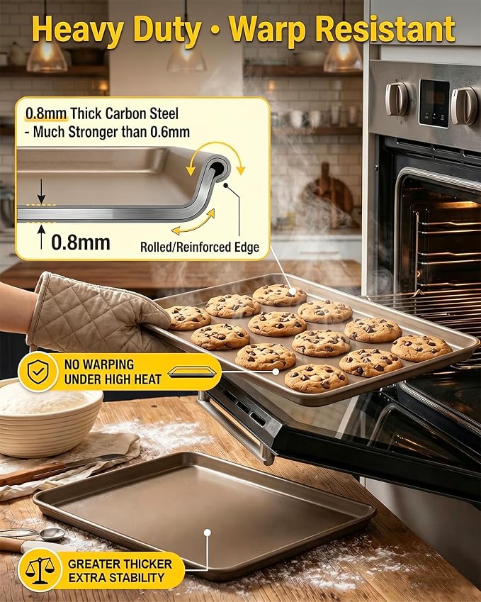 Heavy-Duty Nonstick Baking Sheet, 0.8mm Thick Warp-Resistant Cookie Sheets, Carbon Steel, 3 Pack Half Sheet Pan for Cookies and Pizza (Champagne Gold)
