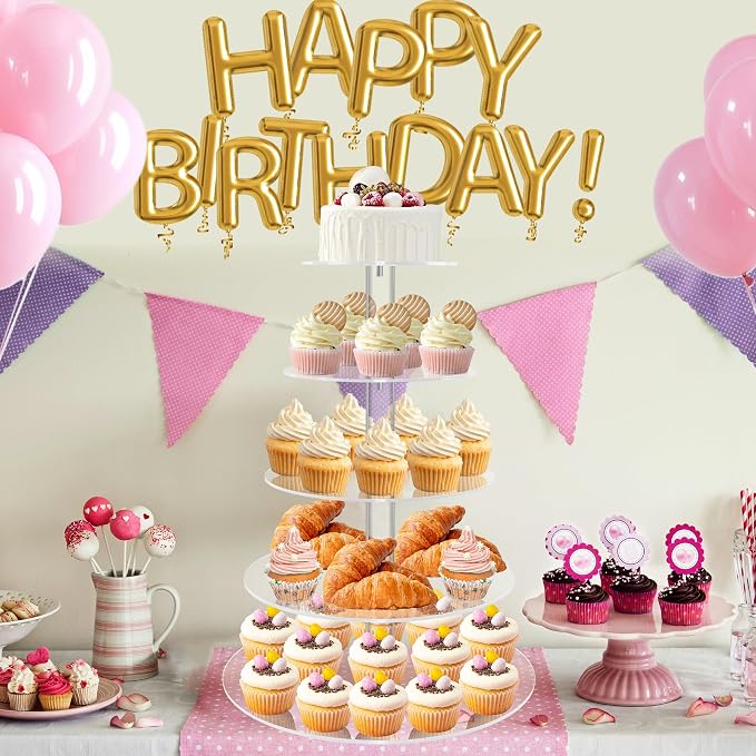 YestBuy 5 Tier Round Acrylic Cupcake Tree Tower Display Stand Display for Pastry Wedding Birthday Party (5 Tier Round (4" Between 2 Layers))