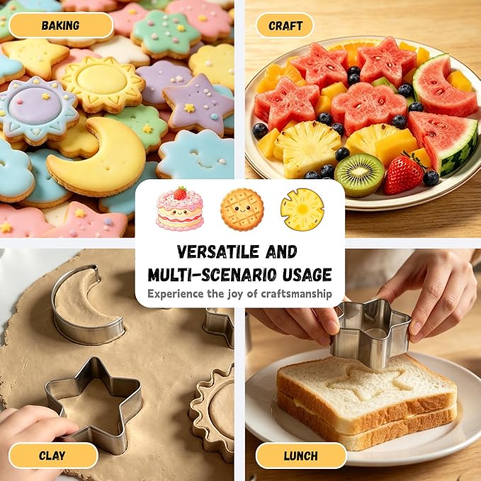 5Pcs Stainless Steel Cookie Cutters, Food Grade 5 Shapes | Kid-safe stainless steel; Star/moon/sun/cloud/rainbow shapes; For cookies, pancakes, playdough; Rolled edges.