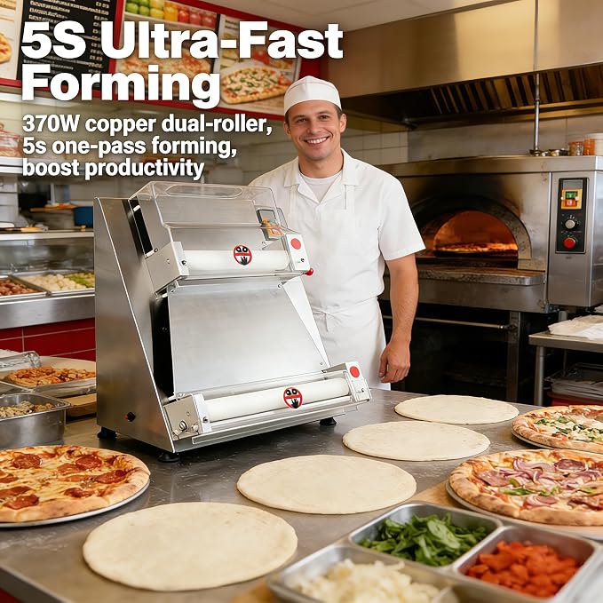 370W Commercial Pizza Dough Roller Sheeter, Stainless Steel Dual Roller Dough Press Machine, 5-Second Automatic Pizza Maker for 4-16 Inch Crust, Adjustable Thickness 0.7-5.4mm, 110V Silver