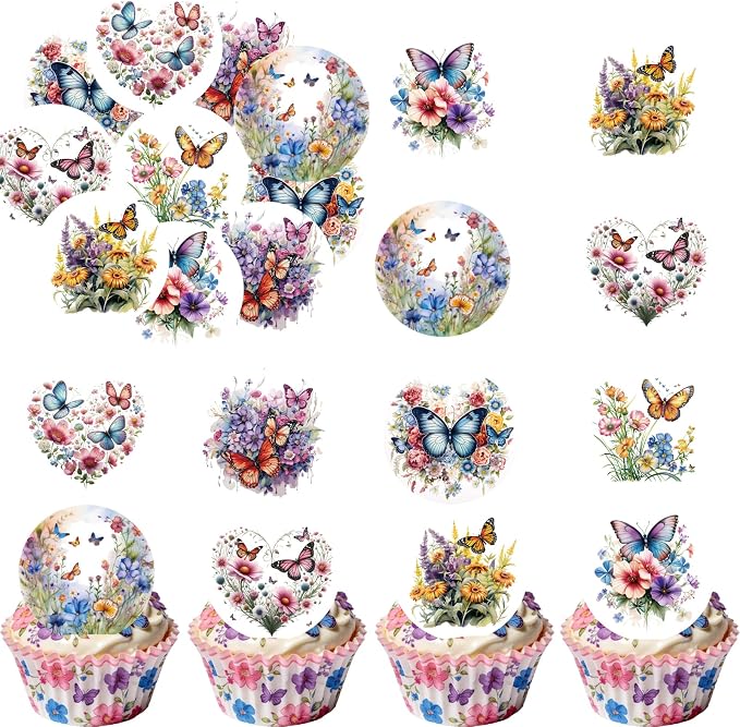 Edible 36PCS Flower Cupcake Toppers Wafer Paper Butterfly Floral Baby Shower Cake Decorations Edible Spring Flower Cupcake Toppers for Floral Theme Birthday Party Decoration