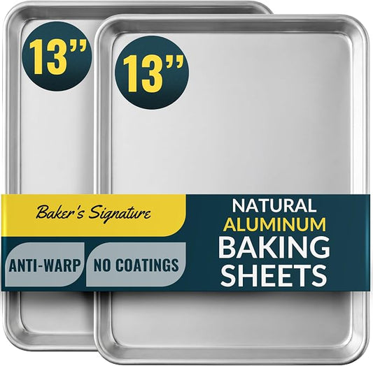 Baker’s Signature 13" x 9" Aluminum Cookie Sheets for Baking Set of 2, Quarter Baking Sheet Pans - Anti-Warp, Reinforced Encapsulated Steel Rim, Easy to Clean