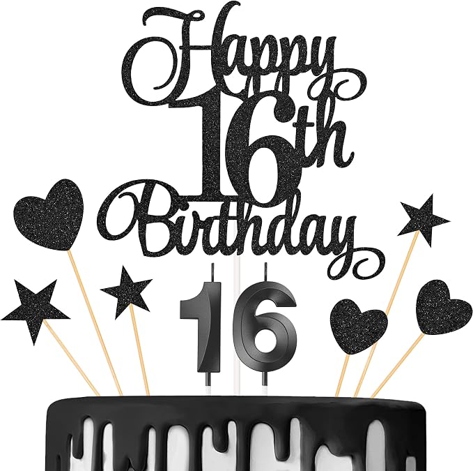16th Birthday Cake Decorations, 16th Birthday Candles Cake Numeral Candles and Glitter Happy 16th Birthday Cake Toppers Set for Birthday Party Supplies (Black)