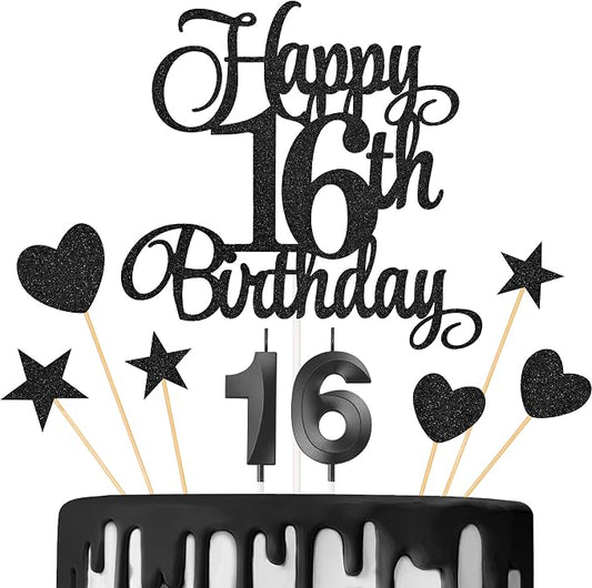 16th Birthday Cake Decorations, 16th Birthday Candles Cake Numeral Candles and Glitter Happy 16th Birthday Cake Toppers Set for Birthday Party Supplies (Black)