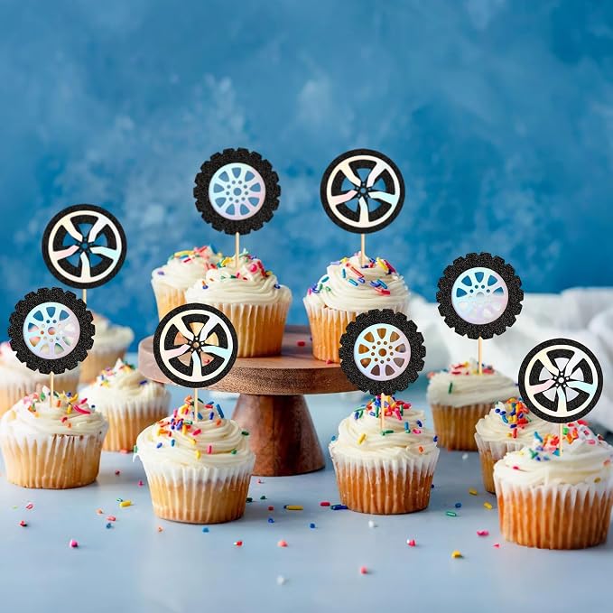 Ercadio 24Pcs Race Car's Wheels Cupcake Toppers Black Silver Wheels Car Tires Cupcake Picks for Racing Car Party Cake Decorations Baby Shower Kids Birthday Party Decoration Supplies
