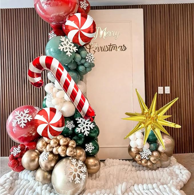 Christmas Balloons Garland Arch Kit, Red Dark Green Gold Metallic Balloons Candy Cane Star Foil Mylar Balloons for Winter Xmas Merry Christmas Baby Shower Ugly Sweater Birthday Party Decorations